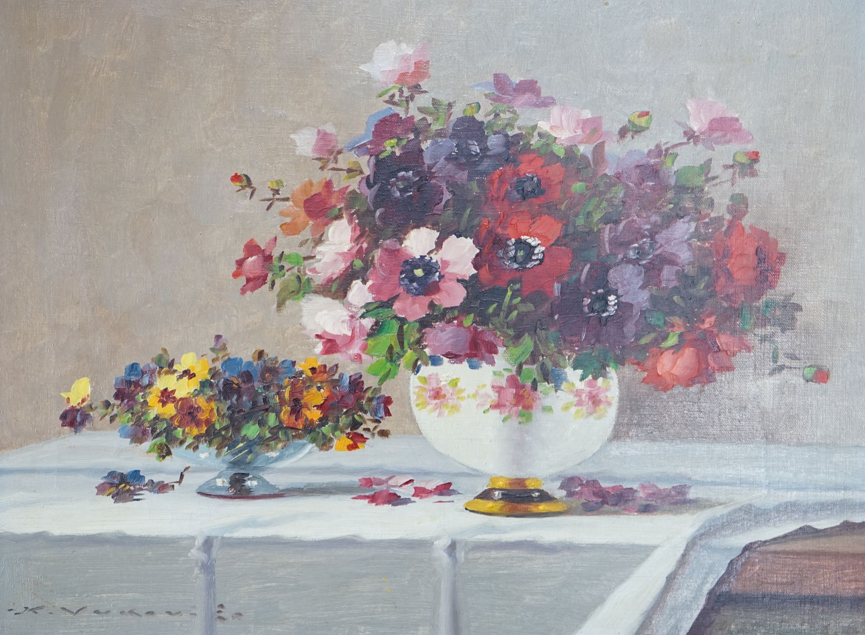 Karl Vukovic (1897-1973), oil on canvas, Still life of flowers on a table top, signed, Stacy Marks label verso, 30 x 40cm